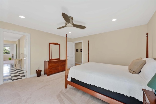 bedroom with light carpet, ceiling fan, baseboards, and recessed lighting