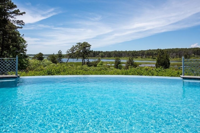 view of pool with a water view