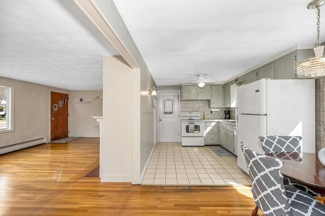 kitchen with white appliances, light wood finished floors, gray cabinetry, decorative backsplash, and light countertops