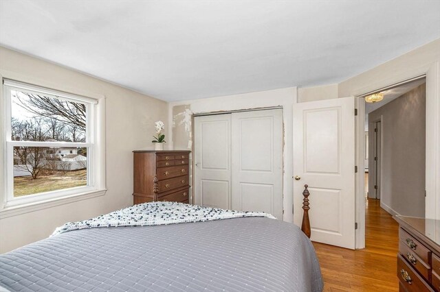 bedroom featuring a closet and light wood-style floors