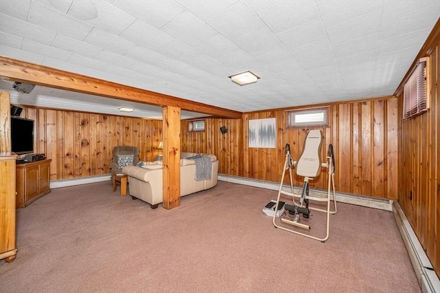 workout area with a baseboard heating unit, carpet floors, and wooden walls