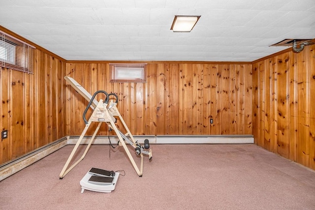 exercise area with a wealth of natural light, wood walls, and carpet