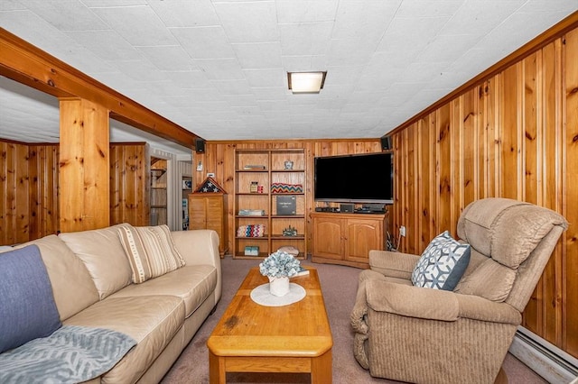 living area with carpet floors, wooden walls, and built in shelves