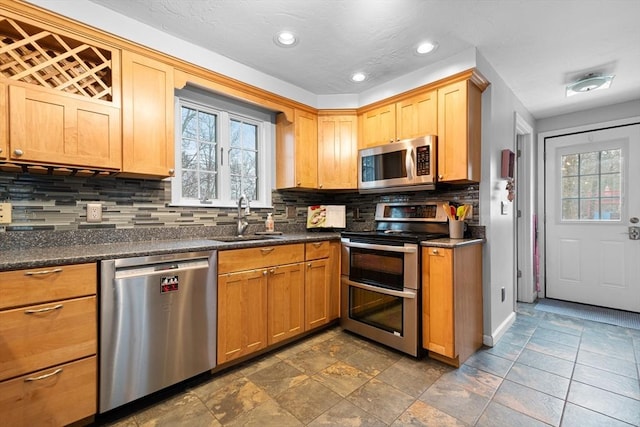 kitchen with appliances with stainless steel finishes, a wealth of natural light, a sink, and backsplash