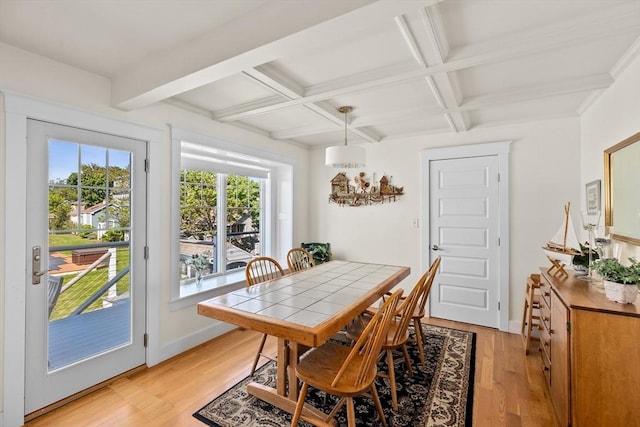 dining area featuring coffered ceiling, beam ceiling, and light wood-type flooring