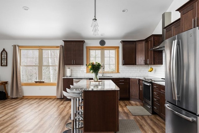 kitchen with dark brown cabinetry, stainless steel appliances, and wood finished floors