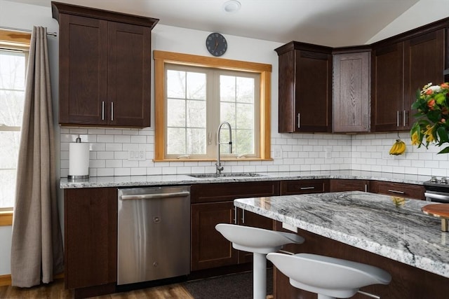 kitchen featuring a sink, plenty of natural light, decorative backsplash, and dishwasher