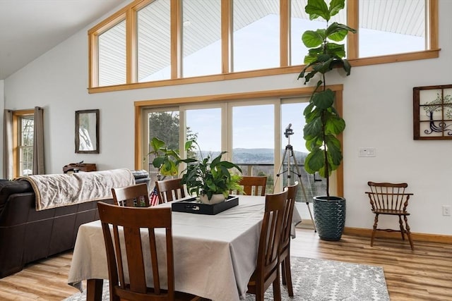 dining space with light wood-style floors, baseboards, a mountain view, and high vaulted ceiling