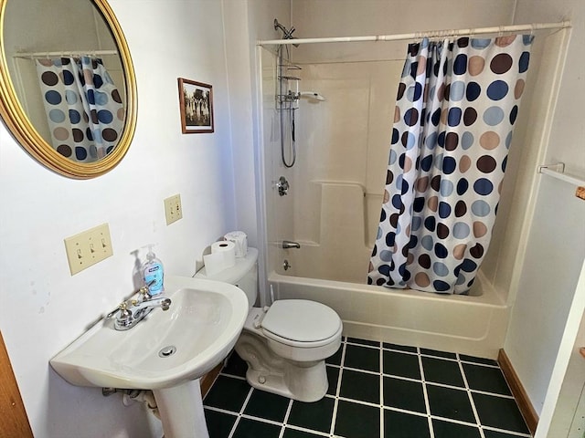 308 Hawthorn St, New Bedford, MA 02740 - bathroom featuring shower / bathtub combination with curtain, toilet, tile patterned flooring, and a sink