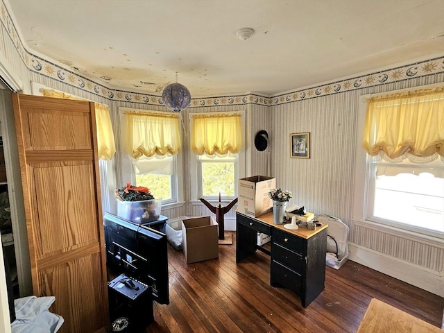 308 Hawthorn St, New Bedford, MA 02740 - home office with wallpapered walls, dark wood finished floors, and baseboards