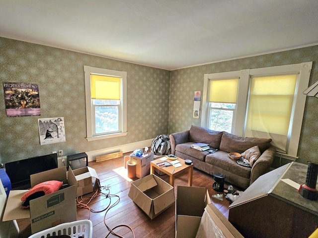 308 Hawthorn St, New Bedford, MA 02740 - living area with hardwood / wood-style flooring, plenty of natural light, crown molding, and wallpapered walls