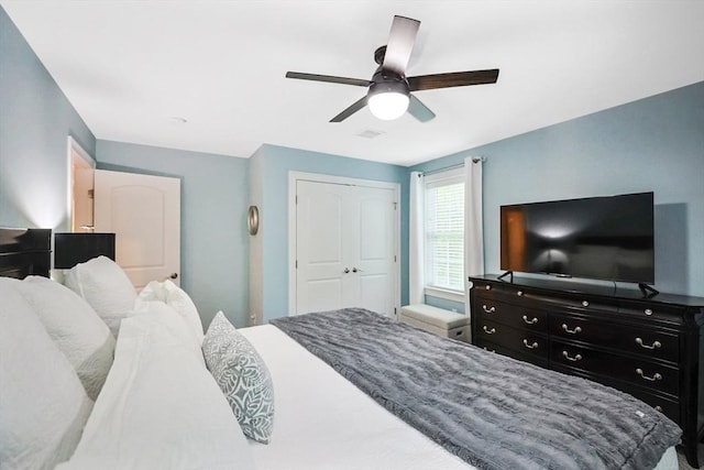 bedroom with a ceiling fan and a closet