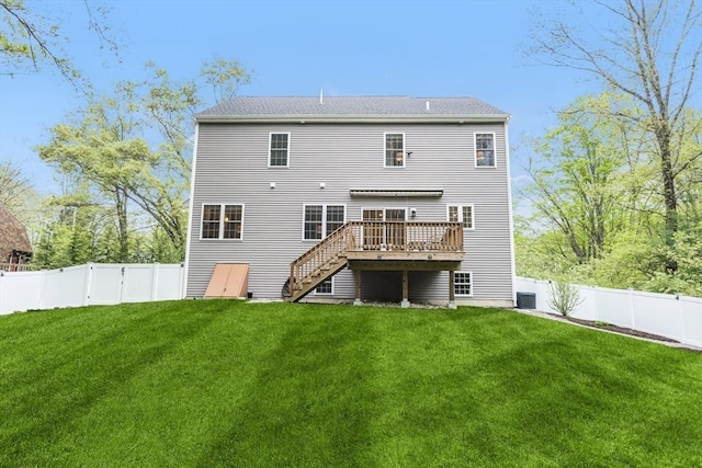 rear view of house with a deck, stairway, and central air condition unit