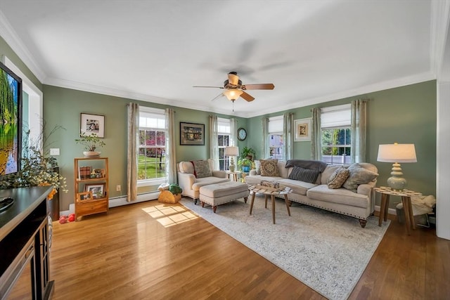 28 Sewall St, Shrewsbury, MA 01545 - living room with a ceiling fan, wood finished floors, ornamental molding, baseboards, and a baseboard radiator