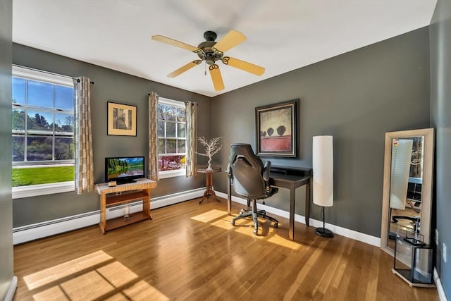 28 Sewall St, Shrewsbury, MA 01545 - home office featuring baseboard heating, wood finished floors, ceiling fan, and baseboards