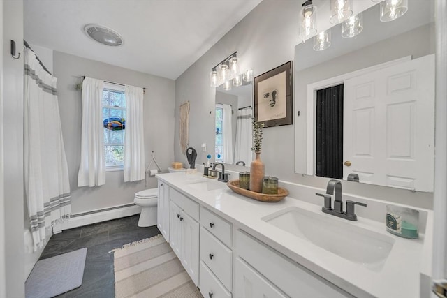 28 Sewall St, Shrewsbury, MA 01545 - full bath featuring a baseboard heating unit, toilet, double vanity, and curtained shower