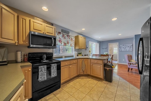 28 Sewall St, Shrewsbury, MA 01545 - kitchen featuring black appliances, a peninsula, recessed lighting, light tile patterned floors, and light brown cabinetry