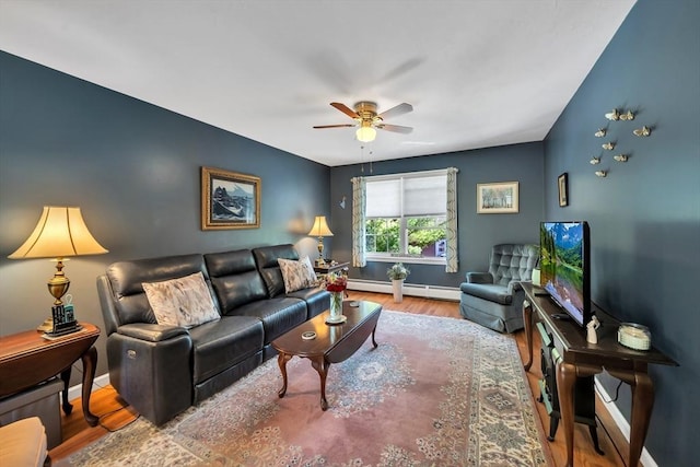 28 Sewall St, Shrewsbury, MA 01545 - living area with a ceiling fan, wood finished floors, baseboards, and a baseboard radiator