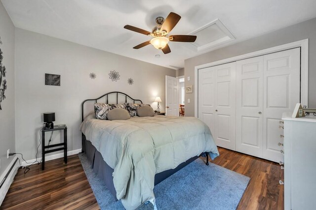 28 Sewall St, Shrewsbury, MA 01545 - bedroom with a baseboard radiator, attic access, dark wood-style flooring, a closet, and ceiling fan