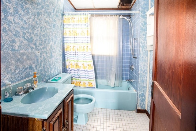 100 Weetamoe St, Fall River, MA 02720 - bathroom featuring wallpapered walls, shower / tub combo, tile patterned flooring, and vanity
