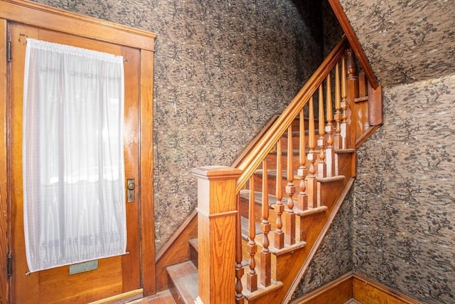 100 Weetamoe St, Fall River, MA 02720 - staircase featuring wallpapered walls