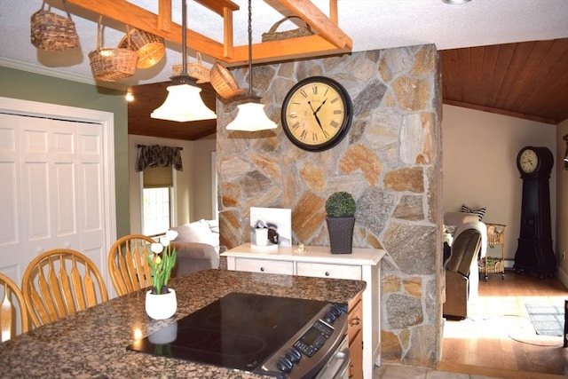 1820 Milk St, Dighton, MA 02715 - kitchen with electric range, ornamental molding, wood finished floors, dark stone countertops, and pendant lighting