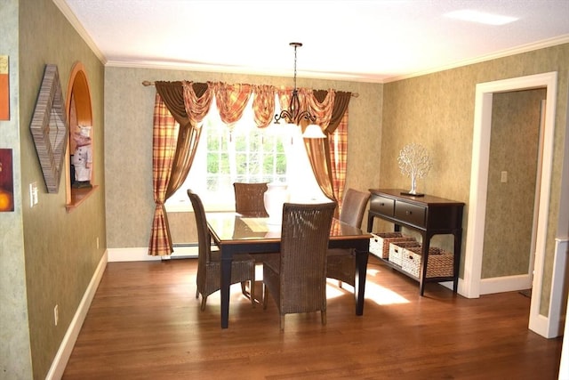 1820 Milk St, Dighton, MA 02715 - dining space featuring a chandelier, crown molding, wood finished floors, wallpapered walls, and baseboards