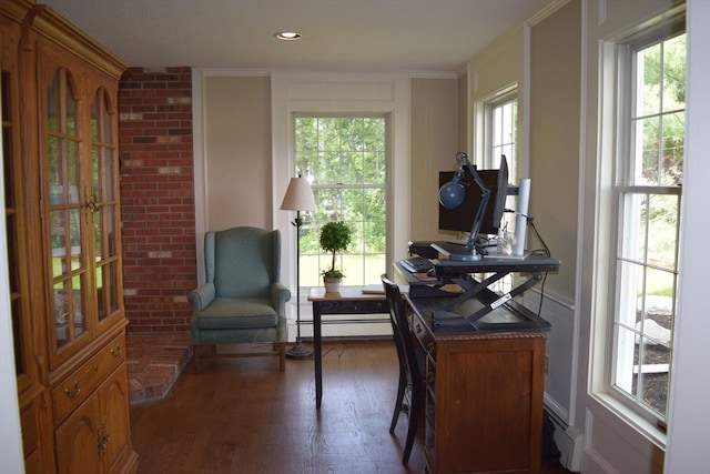1820 Milk St, Dighton, MA 02715 - office area with a baseboard heating unit, wood finished floors, and ornamental molding