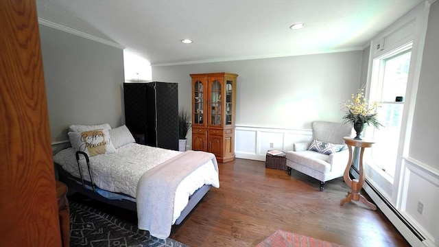 1820 Milk St, Dighton, MA 02715 - bedroom with wood finished floors, ornamental molding, baseboard heating, a wainscoted wall, and a decorative wall