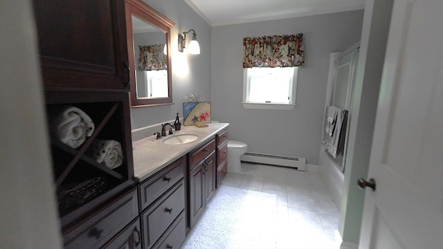1820 Milk St, Dighton, MA 02715 - full bath featuring baseboard heating, vanity, toilet, and crown molding