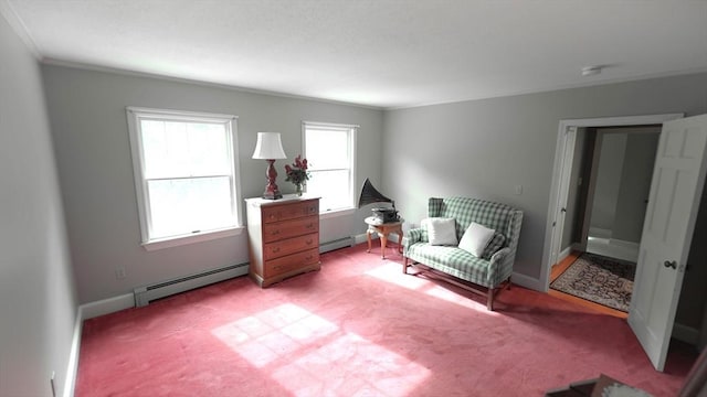 1820 Milk St, Dighton, MA 02715 - sitting room featuring a baseboard heating unit, ornamental molding, carpet, and baseboards