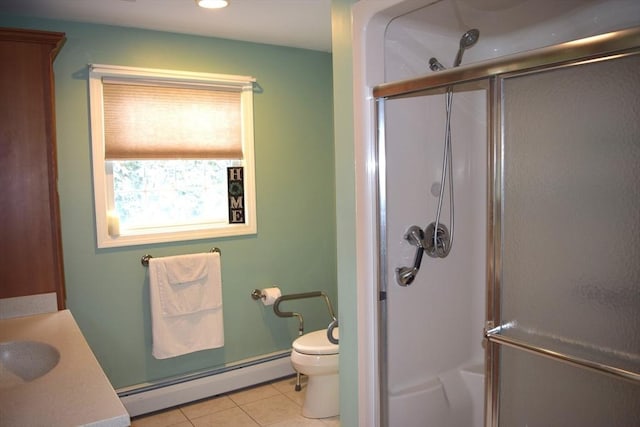 1820 Milk St, Dighton, MA 02715 - full bath featuring baseboard heating, a shower with door, tile patterned flooring, toilet, and vanity