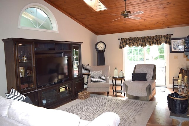 1820 Milk St, Dighton, MA 02715 - living room with lofted ceiling, wooden ceiling, a skylight, ceiling fan, and wood finished floors