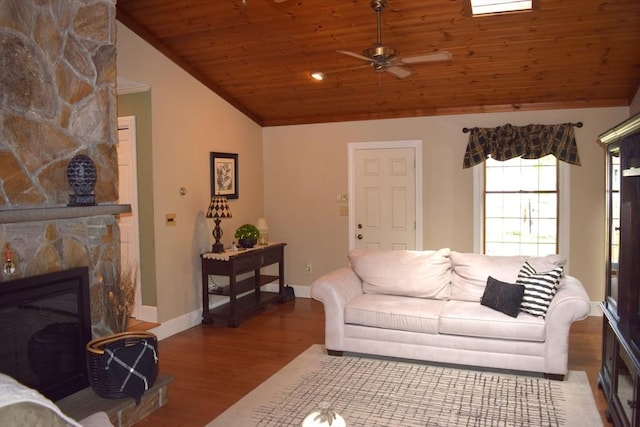 1820 Milk St, Dighton, MA 02715 - living room featuring wooden ceiling, lofted ceiling, wood finished floors, a ceiling fan, and baseboards