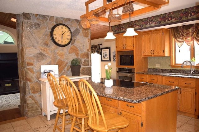 1820 Milk St, Dighton, MA 02715 - kitchen with a sink, black appliances, light tile patterned flooring, healthy amount of natural light, and wood ceiling