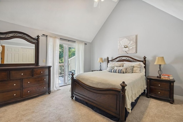 35 Michael Way Unit 29, Andover, MA 01810 - bedroom featuring light colored carpet, access to exterior, high vaulted ceiling, and a ceiling fan