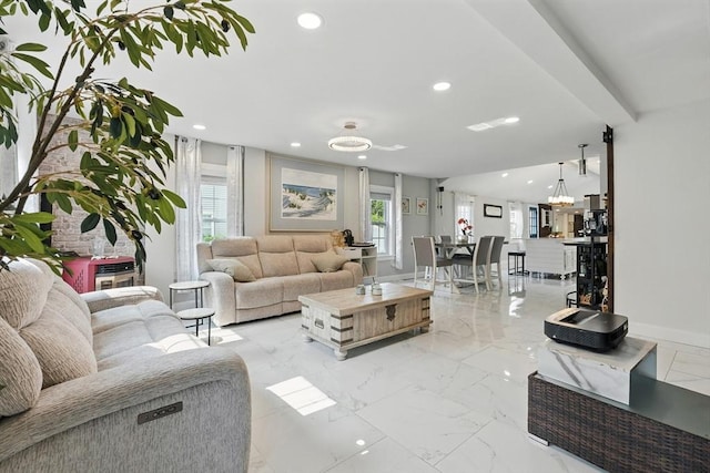 399 N Main St, Salem, NH 03079 - living area featuring light marble finish floors, baseboards, and recessed lighting