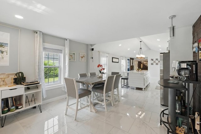 399 N Main St, Salem, NH 03079 - dining space with baseboards, light marble finish flooring, recessed lighting, and lofted ceiling