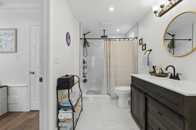399 N Main St, Salem, NH 03079 - full bathroom with a shower with shower curtain, vanity, toilet, and recessed lighting