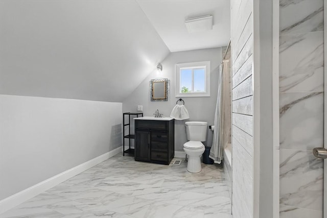 399 N Main St, Salem, NH 03079 - full bathroom with vanity, marble look tile flooring, toilet, lofted ceiling, and baseboards