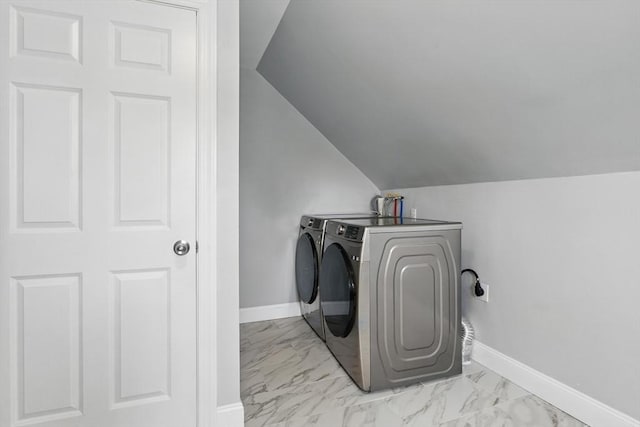 399 N Main St, Salem, NH 03079 - laundry room featuring separate washer and dryer, baseboards, and marble finish flooring
