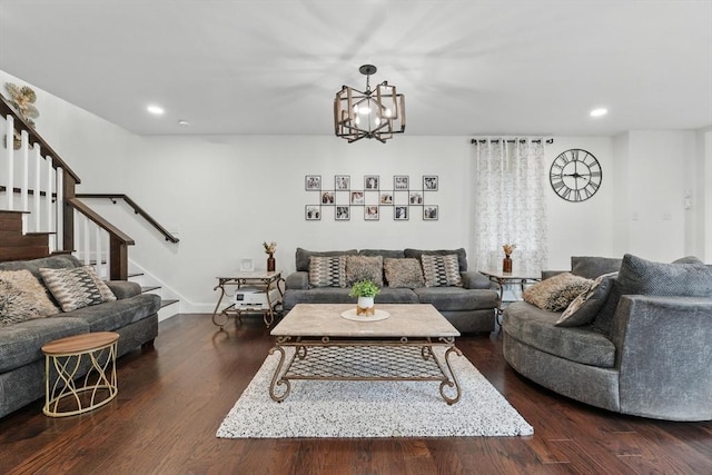 399 N Main St, Salem, NH 03079 - living room with stairs, dark wood-style floors, a chandelier, and recessed lighting