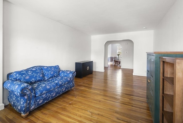 living area featuring wood finished floors and arched walkways
