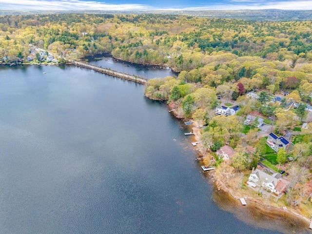 view of property location featuring a forest and a nearby body of water