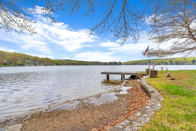 dock area with a water view and a wooded view