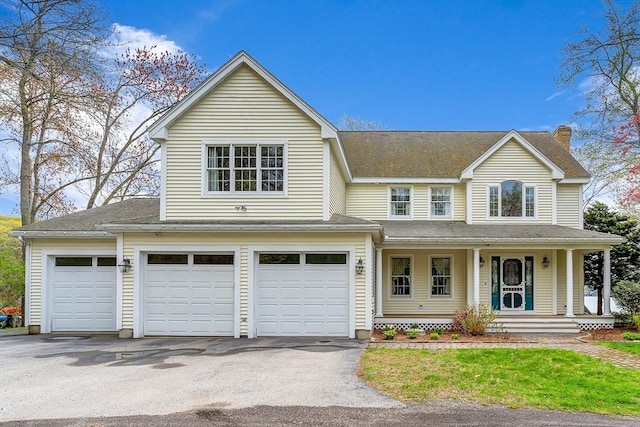 view of front of property featuring asphalt driveway, a porch, an attached garage, and a chimney