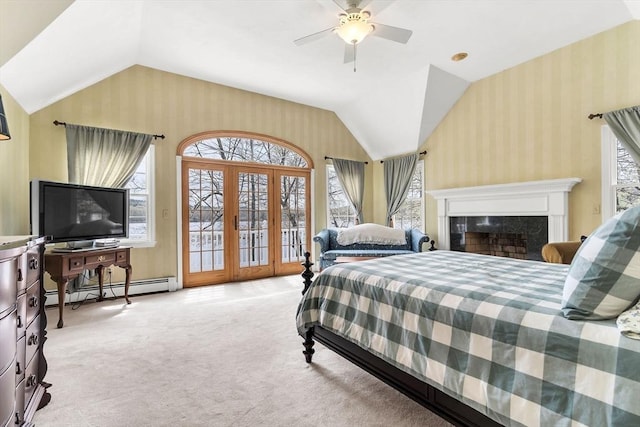 carpeted bedroom featuring vaulted ceiling, access to outside, a baseboard radiator, wallpapered walls, and a ceiling fan