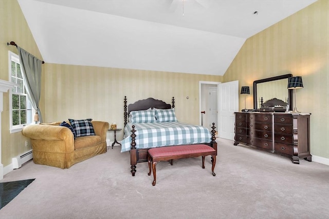 carpeted bedroom with wallpapered walls, vaulted ceiling, a baseboard radiator, and baseboards