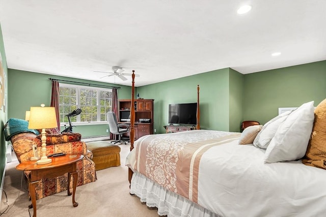 bedroom with carpet floors, a baseboard heating unit, recessed lighting, and ceiling fan