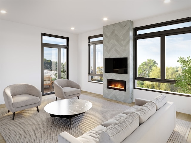 living room featuring light hardwood / wood-style floors and a fireplace